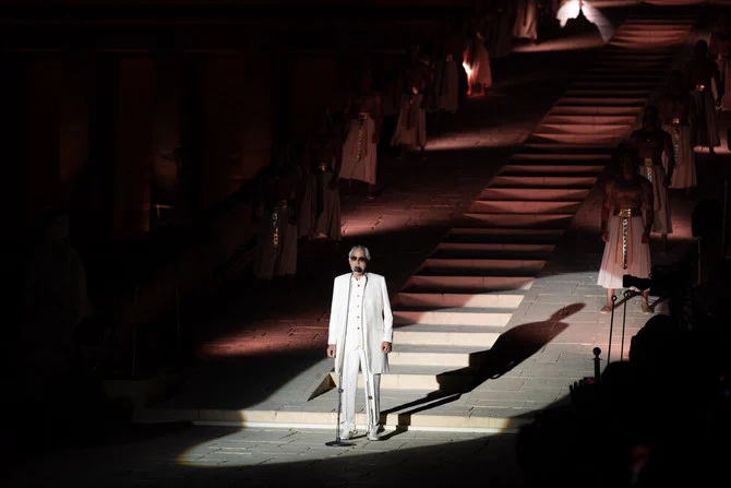 Andrea Boccelli at the Stefano Ricci show at Hatshepsut temple.